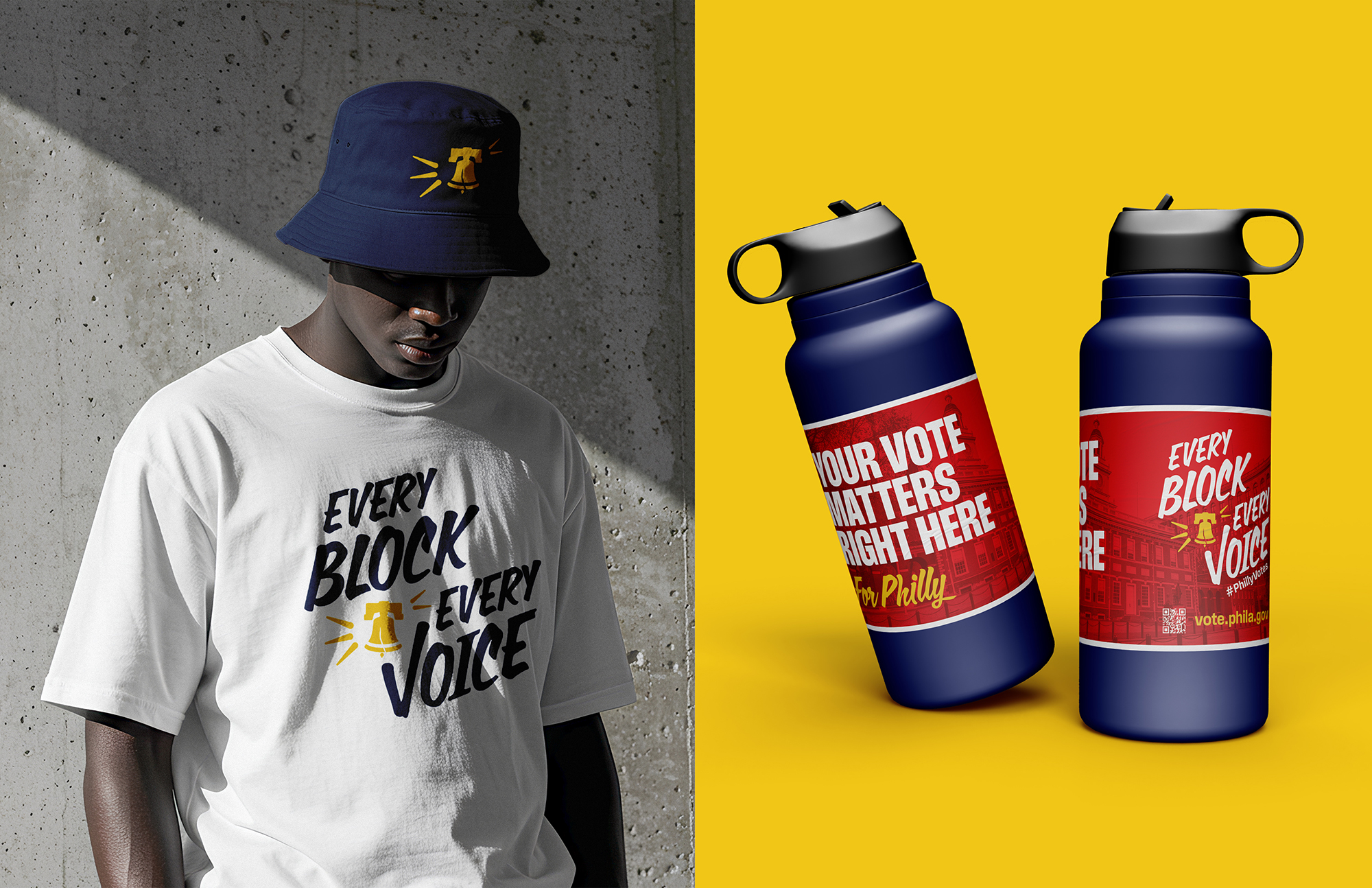 Man wearing branded swag. A t-shirt with the campaign tagline and a bucket hat with the icon of the liberty bell. To the right are two branded water bottles.